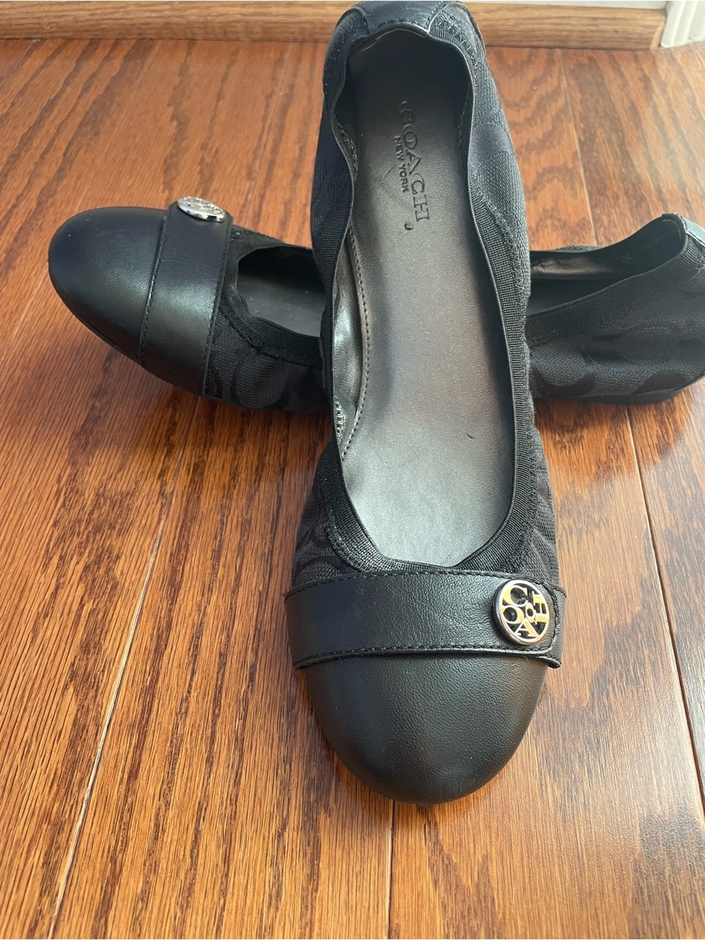 Coach Black Satin & Leather Ballet Flats with Gold Logo